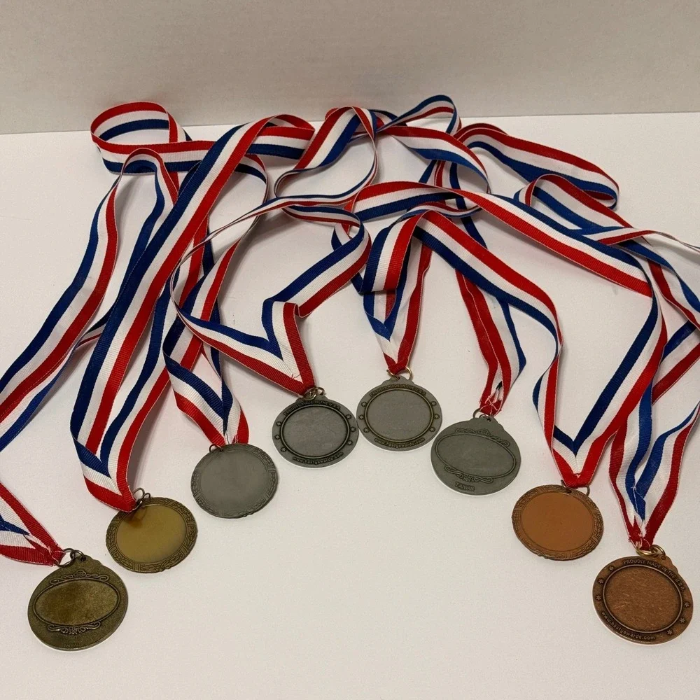 Lot‎ of 8 Swimming Competition Medals Gold Silver Bronze Red White Blue Ribbons